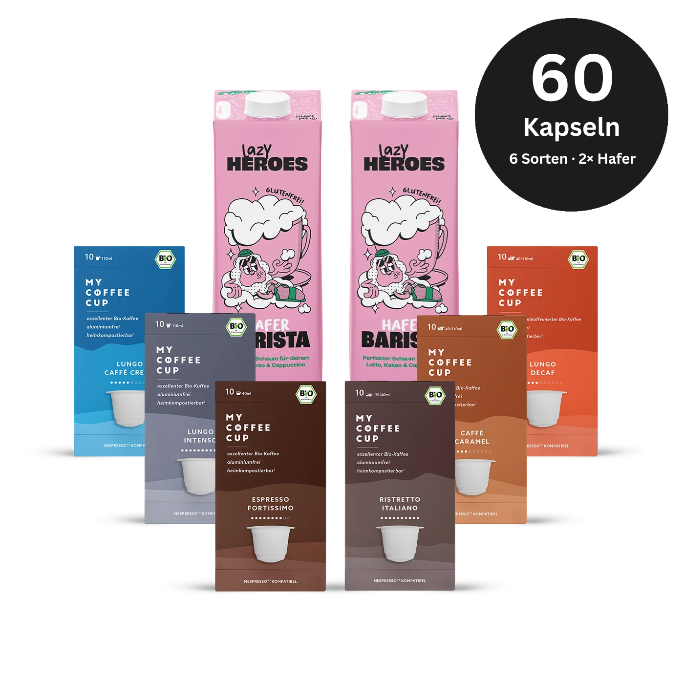 Barista Moments Box mit sechs Sorten Bio-Kaffeekapseln und zwei Litern Hafer Barista