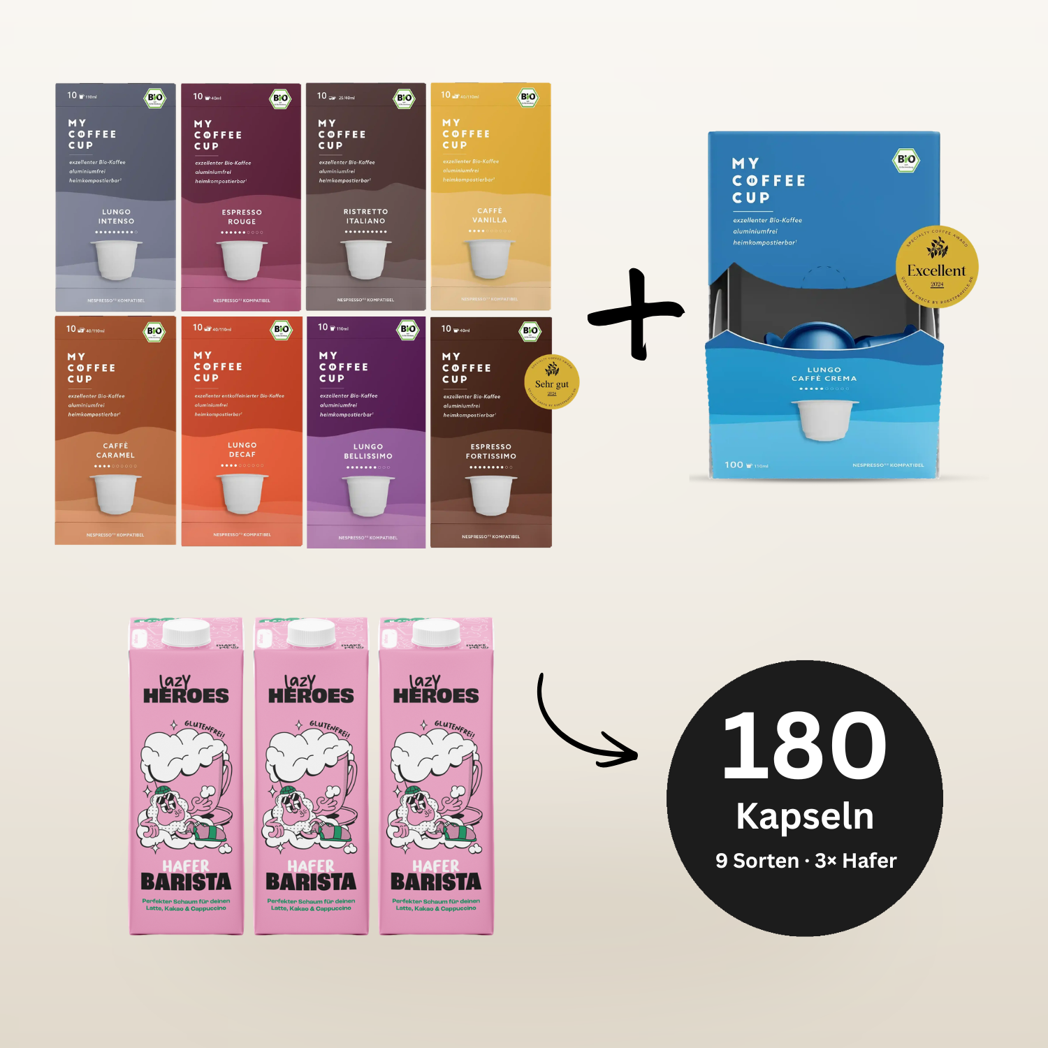 Coffee Stock und Barista Box XL mit 180 Kapseln aus neun Sorten und drei Litern Hafer Barista