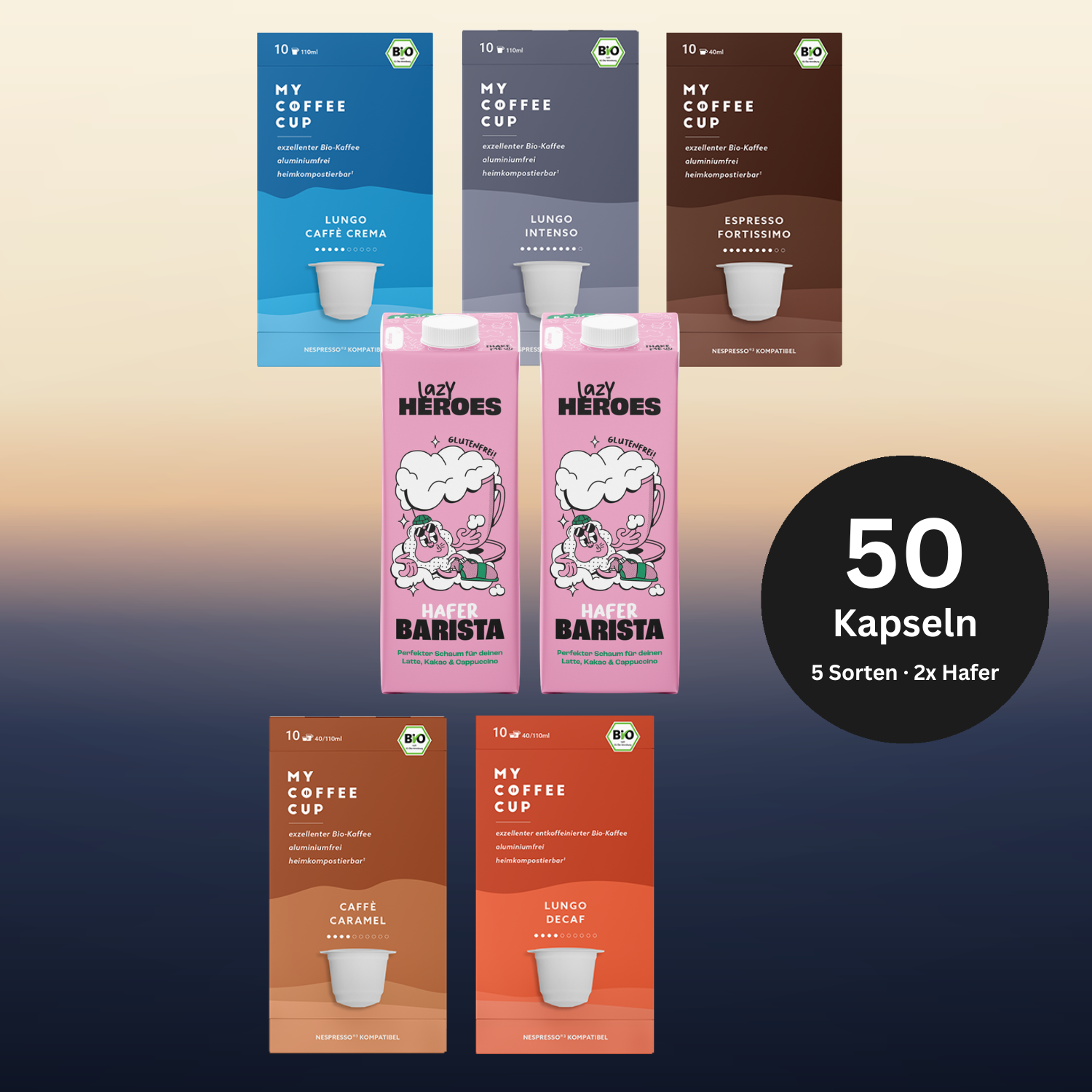 Day & Night Coffee Box mit fünf Sorten Bio-Kaffeekapseln und zwei Litern Hafer Barista