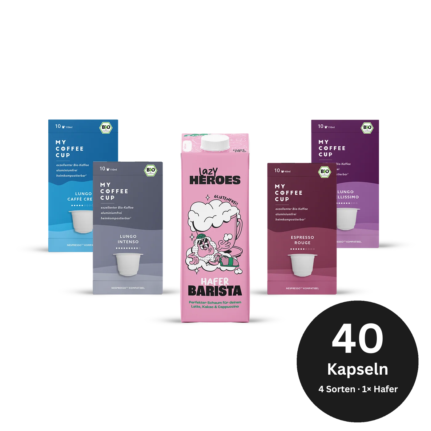 Coffee Discovery Box mit vier Sorten Bio-Kaffeekapseln und einem Liter Hafer Barista